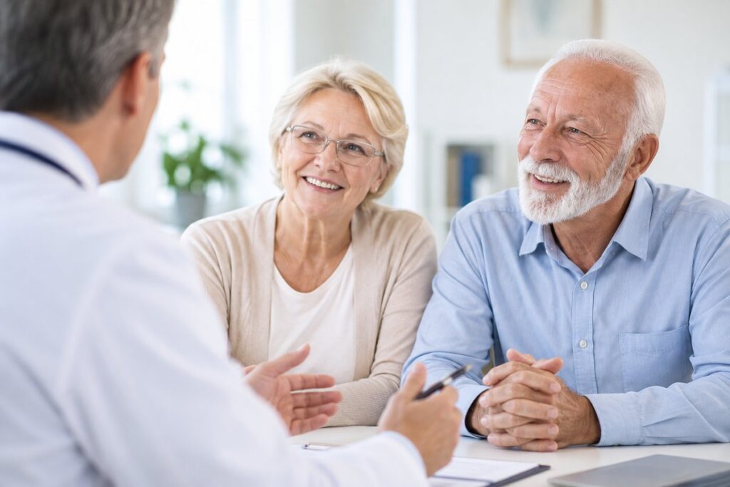 Elderly couple in a consultation with their physician, discussing geriatric care at Ameli | Dadourian Medicine
